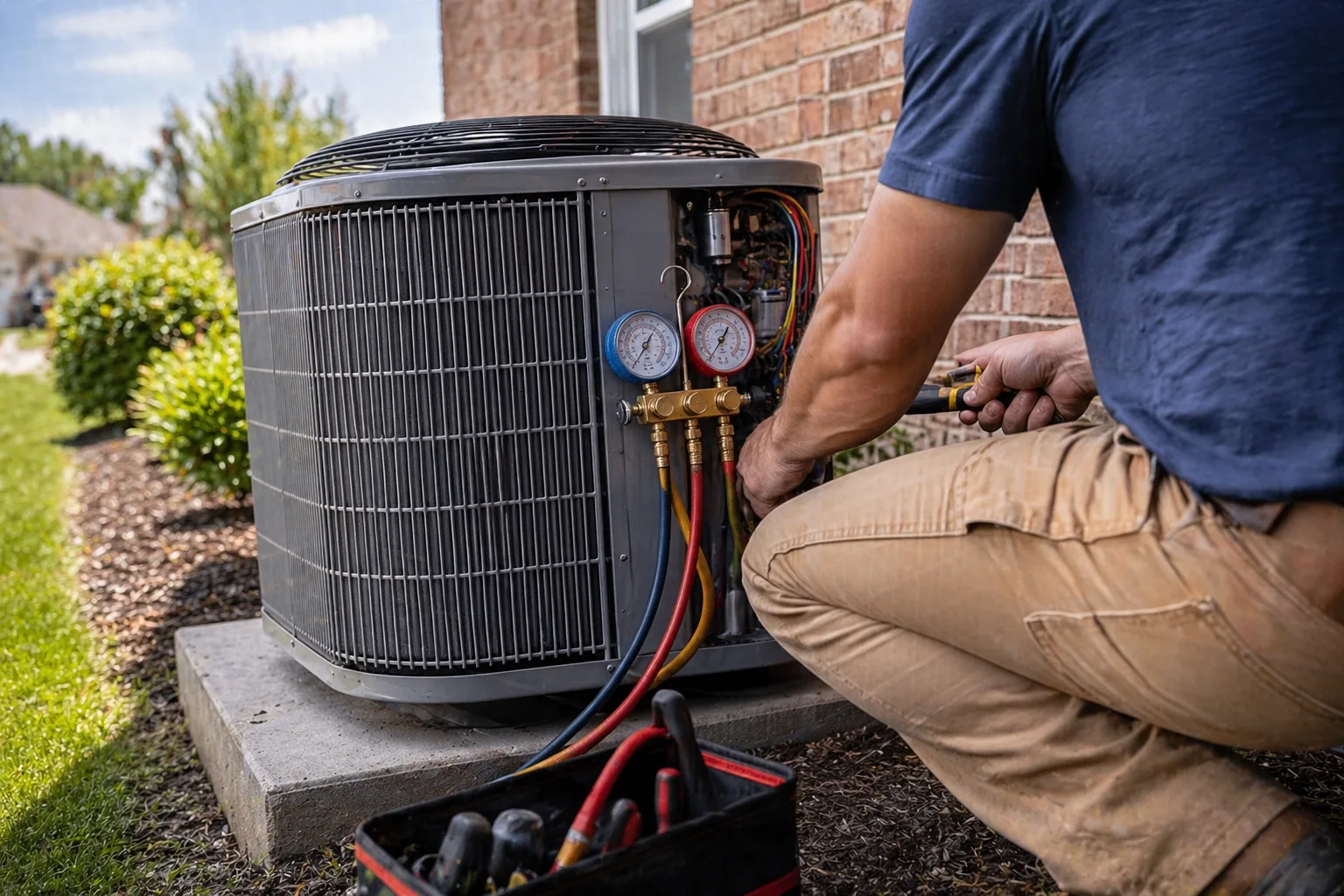Residential AC condenser unit beside a Carrollton, TX home